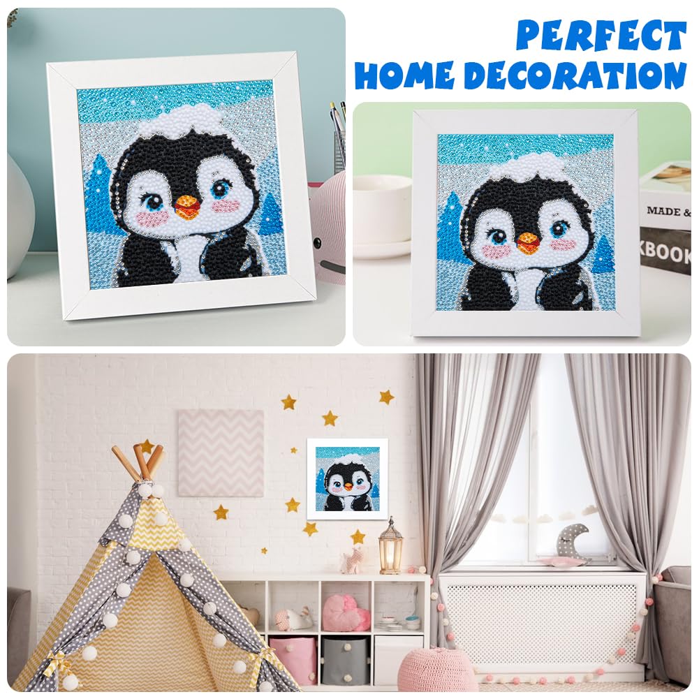 QEUOYSS Diamond Art Kit for Kids with Wooden Frame Art and Crafts for Kids Ages 6-8 -10-12 Easy to DIY Diamond Art for Kid and Adult Beginners Home Wall Decoration (Penguin)