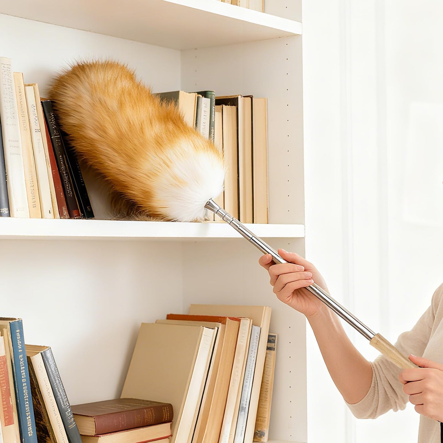Extendable Lambswool Feather Duster 31-88 Inch, Anti-Static Wool Duster for Cleaning with Stainless Steel Pole - Ideal for High Ceilings, Fans, Interior & Roof (Yellow & White)