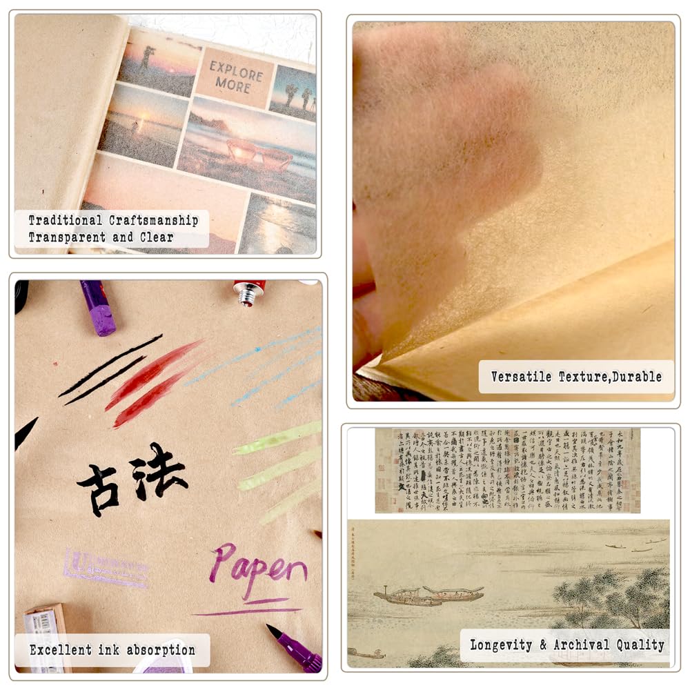 100 Sheets Natural Gampi Bark Rice Paper, 13.8x16.5”, Ultra-Thin, Strong & Translucent Cicada Wing Traditional Handmade Xuan Paper for Fine Art Painting, Botanical Rubbing and Calligraphy
