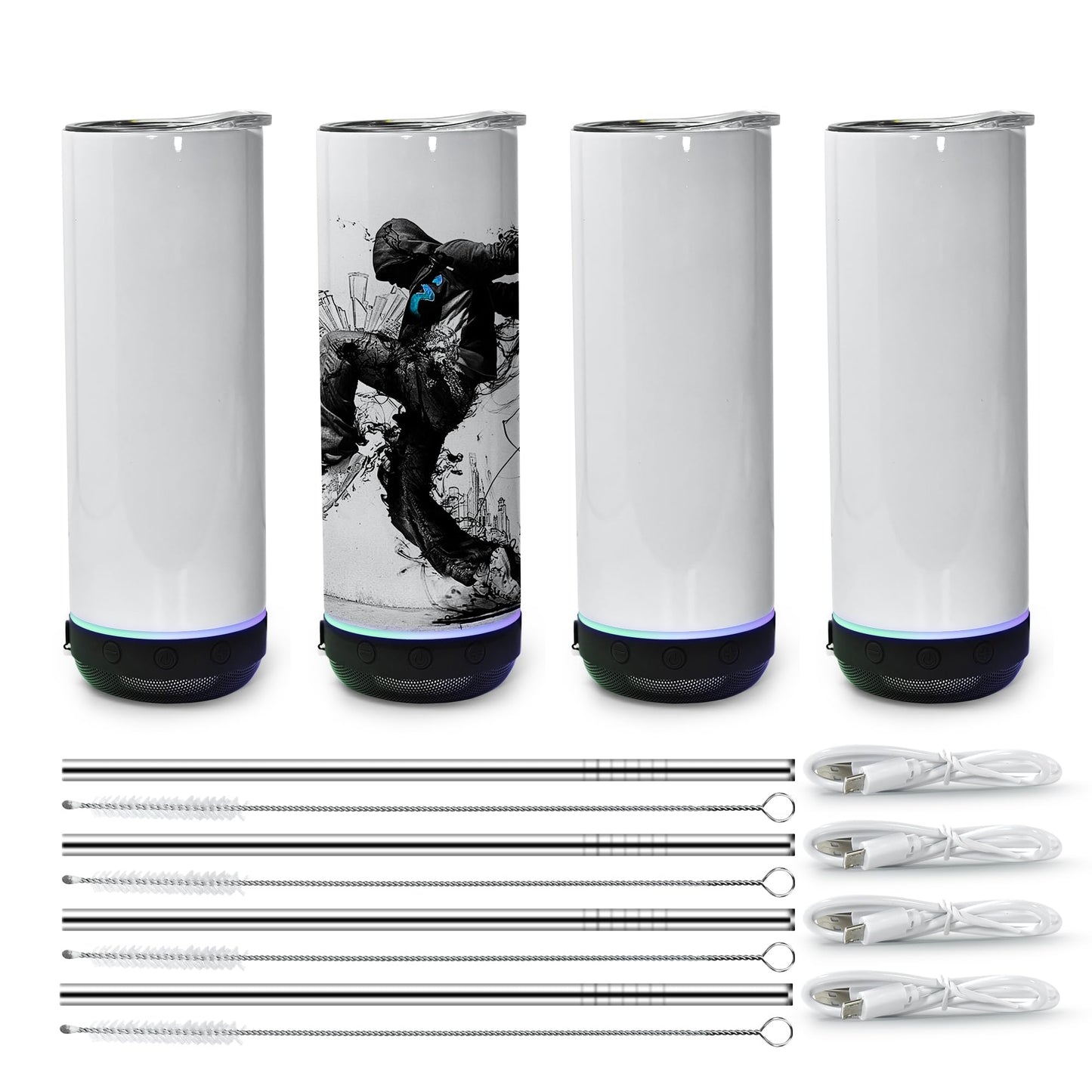sweet grain Music Speaker Tumbler(4Pack) - Sublimation Tumbler 20 oz Skinny Straight with Speaker, Straw & USB Charging Cable, Sublimation Speaker Cups - Black