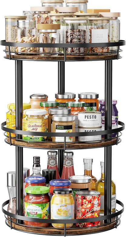 12'' 3 Countertop, LAMU Wood Lazy Susan Spice Rack Organizer, Tier Spice Organization for Cabinet, Kitchen, Table Top