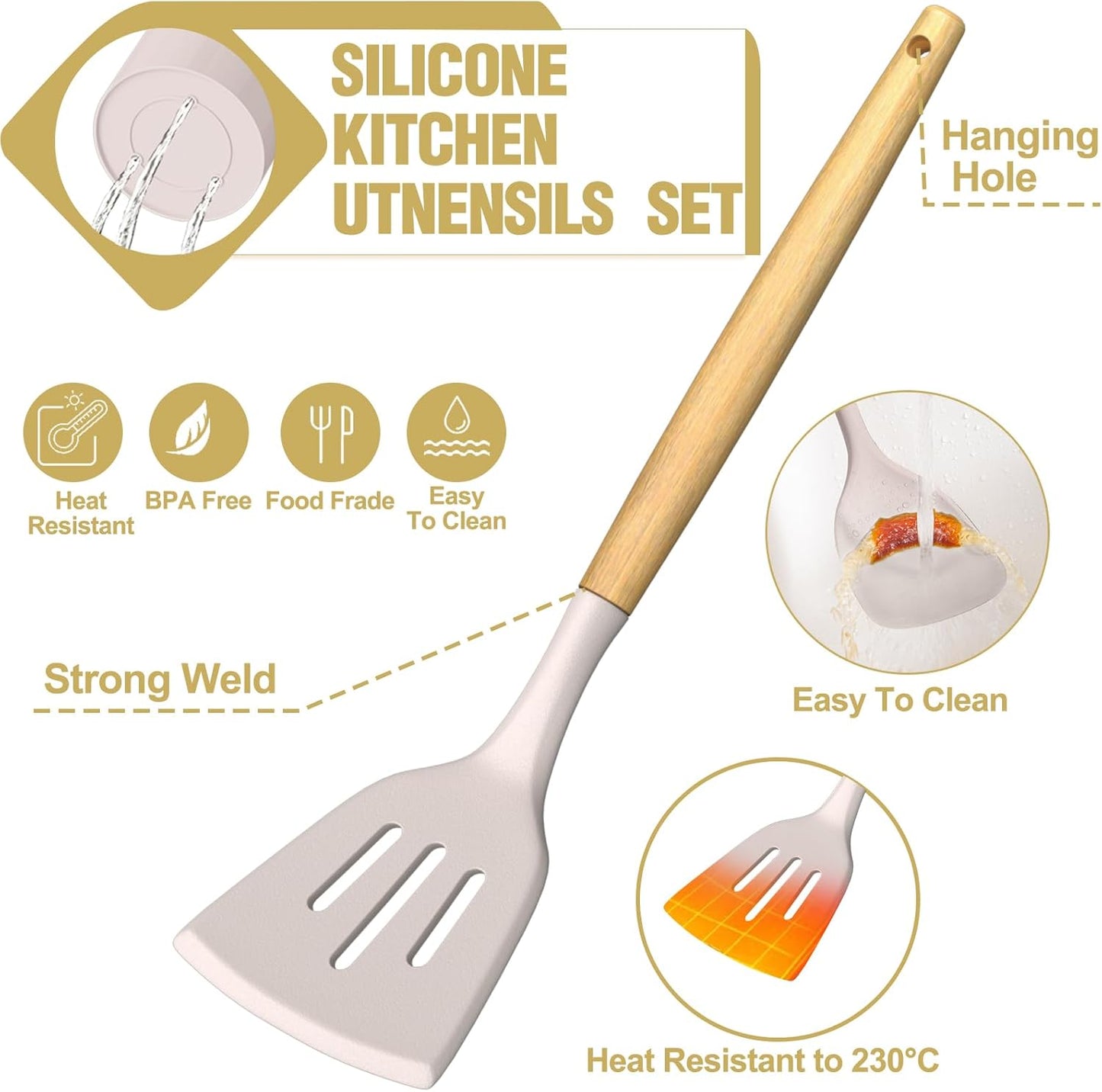Umite Chef Silicone Kitchen Utensil Set, 34PCS Heat Resistant Gadgets with Grater, Wood Handles