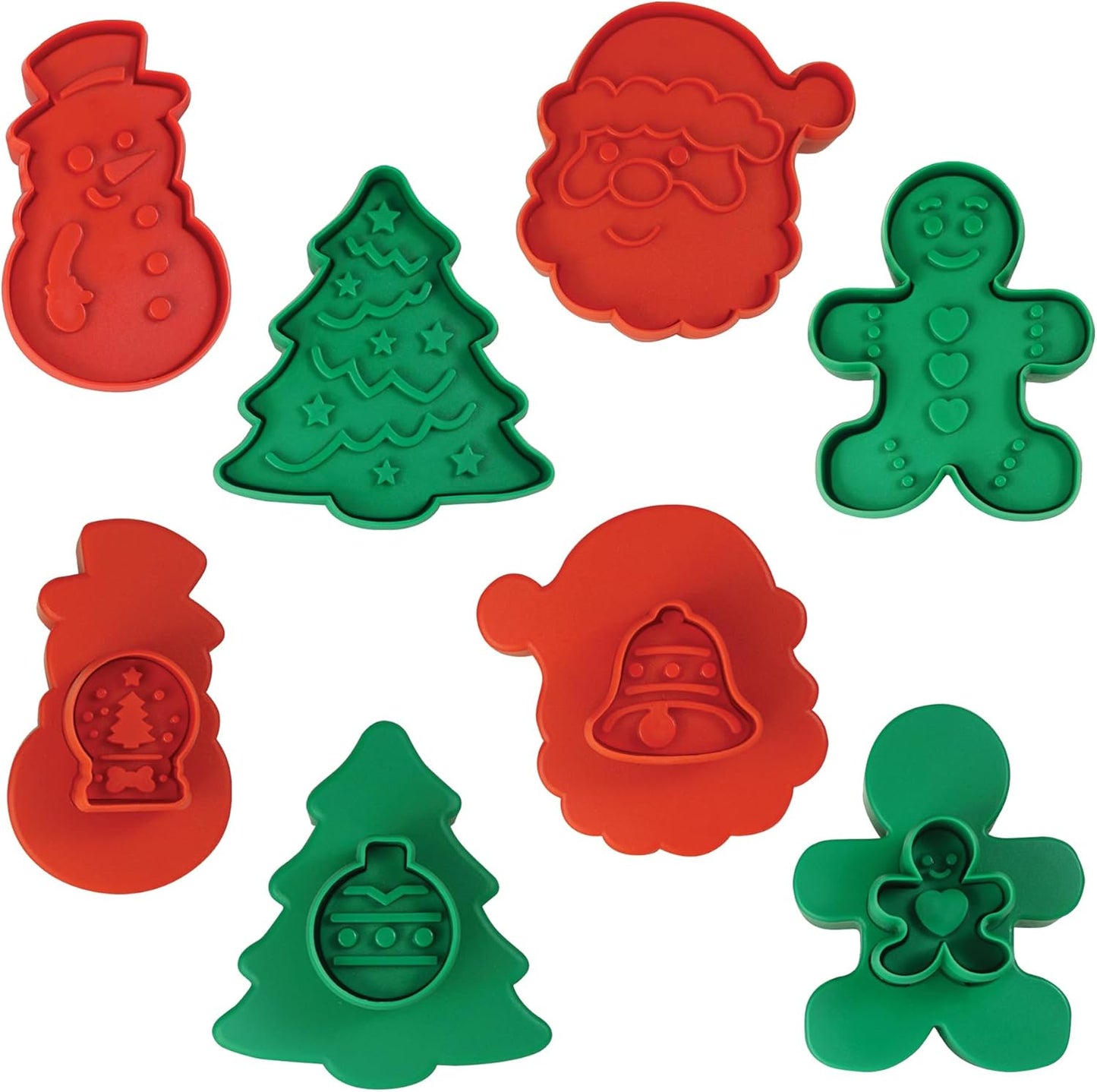 R&M Christmas Double-Sided Cookie Cutter Stamper Set of 4, Green and Red, Assorted Designs: Christmas Tree, Snowman,