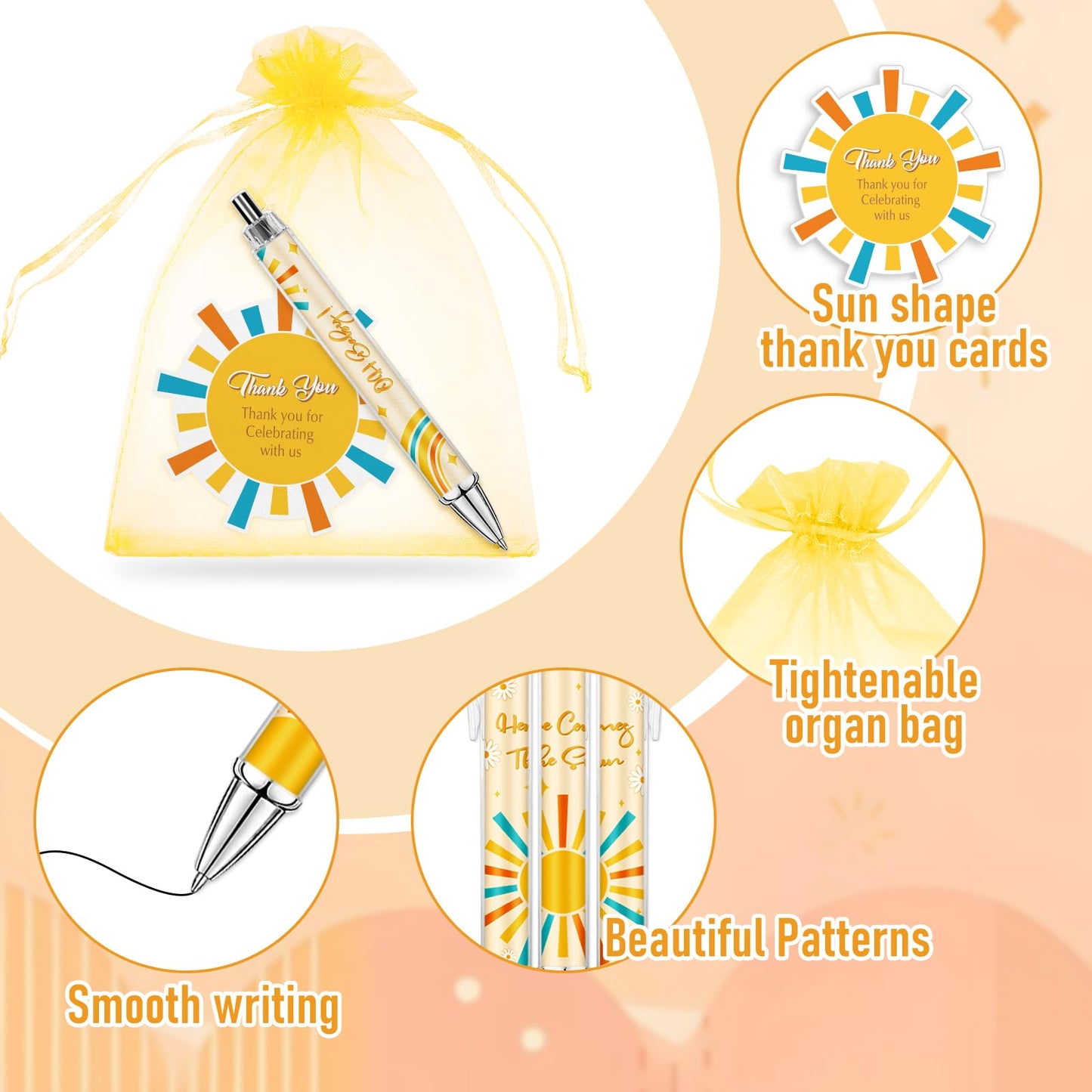JarThenaAMCS 72Pcs Sun Baby Shower Favor Gifts for Guests Boho Sun Retractable Ballpoint Pens Organza Bags Greeting Cards for Birthday Gender Reveal Souvenirs Prizes