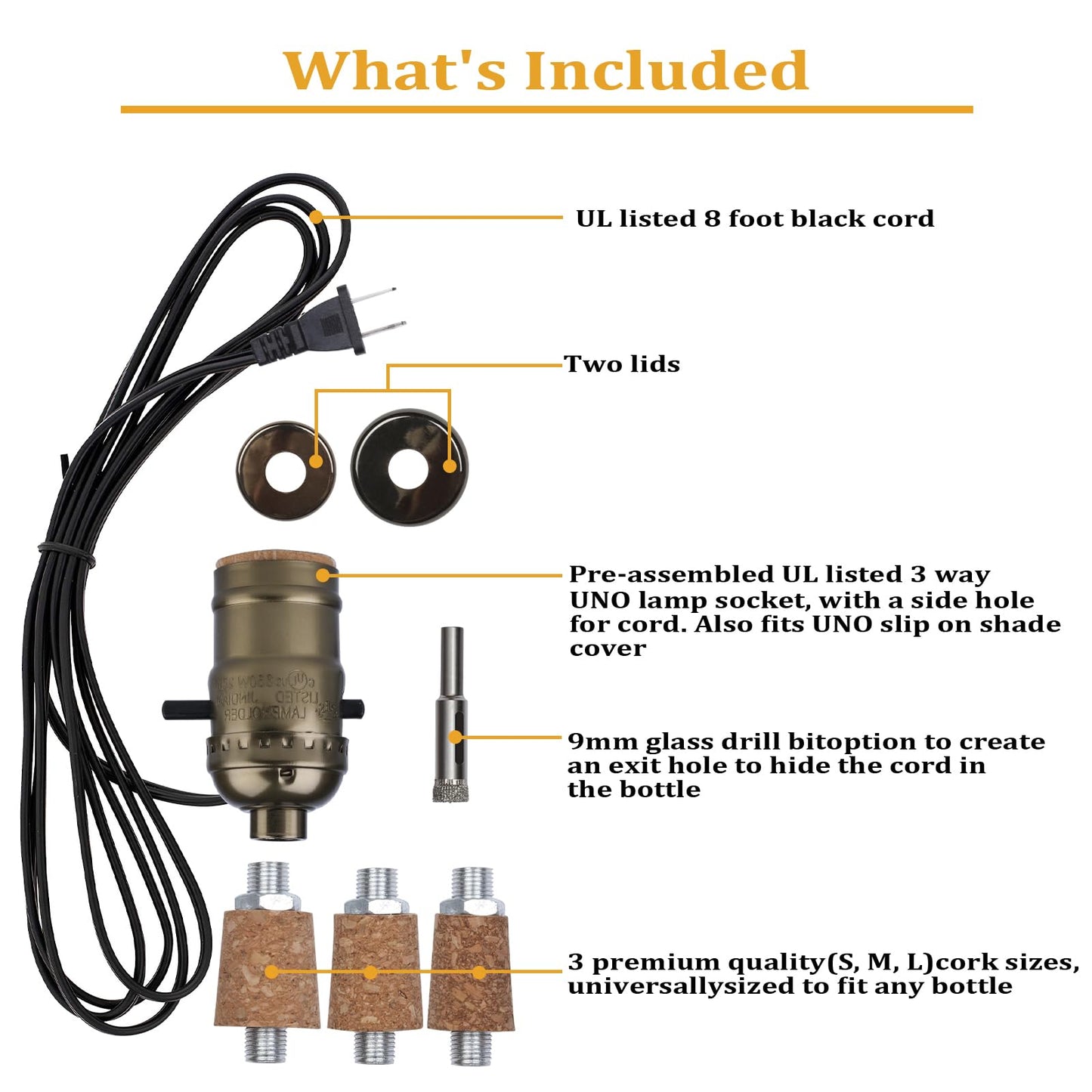 Aokpsrt Bottle Lamp Kit with 9mm Glass Drill bit DIY Lamp Kit for Liquor Bottles with Slip on Socket and 8 Feet Power Cord,No Drilling Required