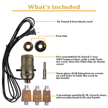 Aokpsrt Bottle Lamp Kit with 9mm Glass Drill bit DIY Lamp Kit for Liquor Bottles with Slip on Socket and 8 Feet Power Cord,No Drilling Required