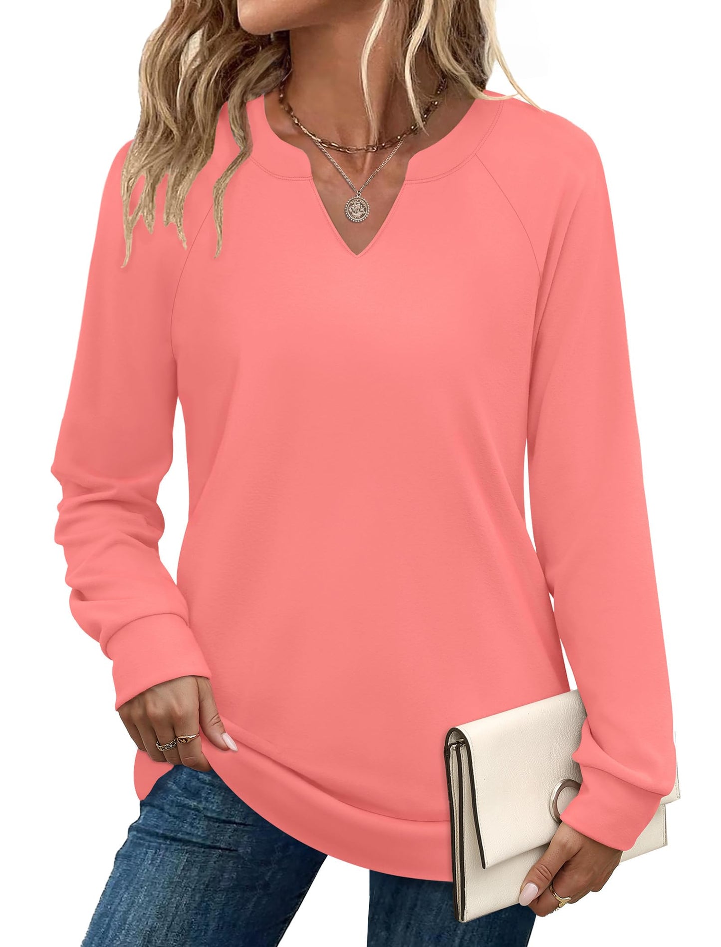 SAMPEEL Sweatshirts for Women V Neck Long Sleeve Shirts Lightweight Sweaters Fall Fashion Tops Outfits 2025
