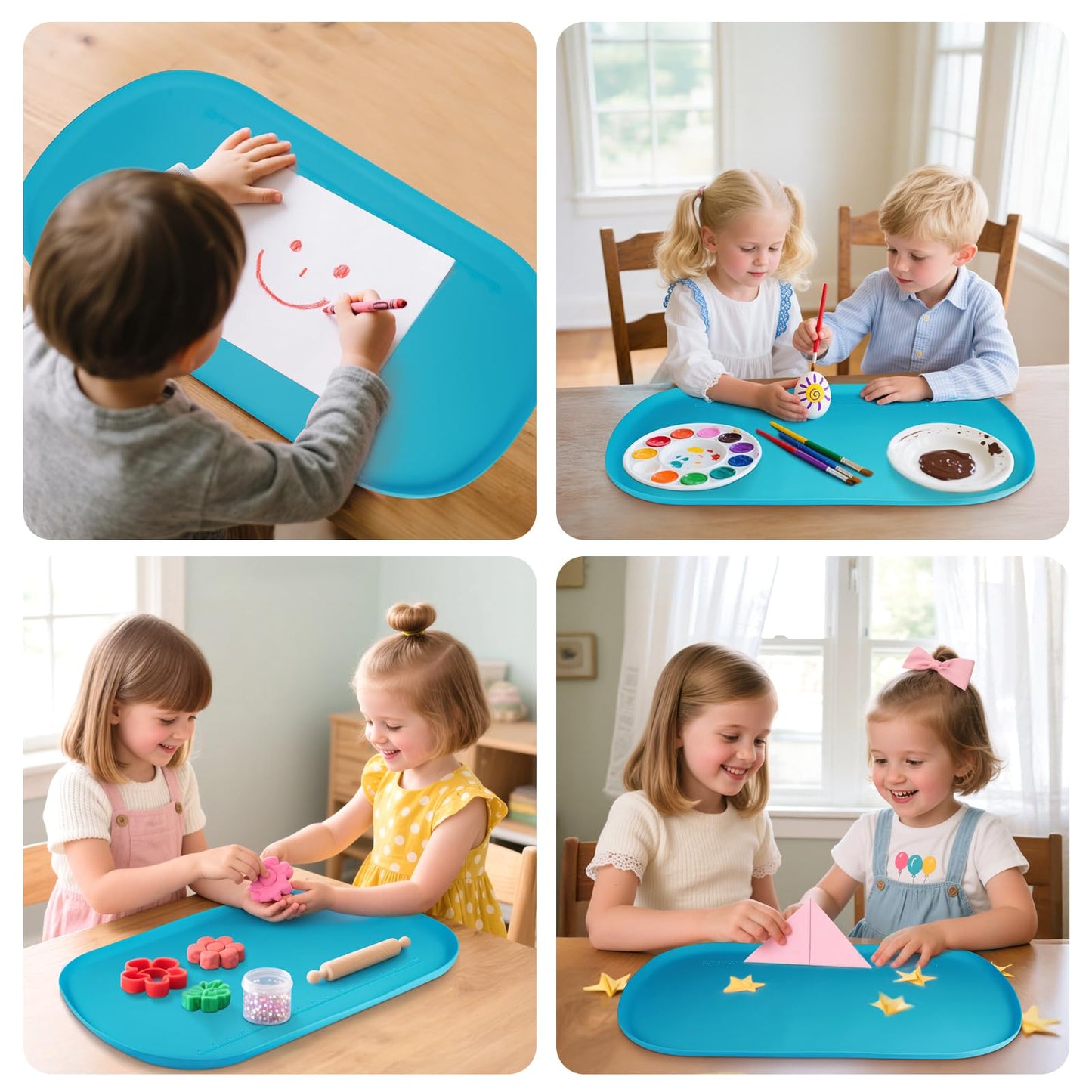 idooss Silicone Art Mats for Kids 24” x 16”, Silicone Craft Mats with Raised Edges, Paint Mat for DIY, Paint, Crafts, Clay, Jewelry-Making (Blue)