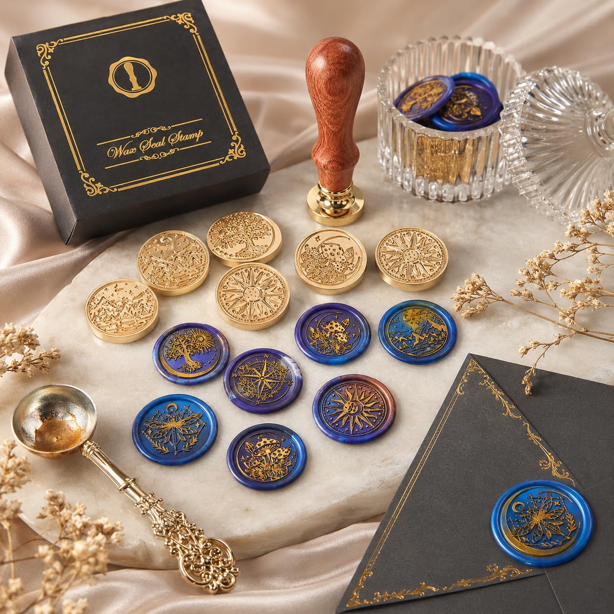 SWANGSA Galaxy Universe Wax Seal Stamp Set, Vintage 6 Pcs Sealing Wax Stamp Heads and 1 Wooden Handle for Christmas,Wedding Party Invitations, Letters, Envelopes