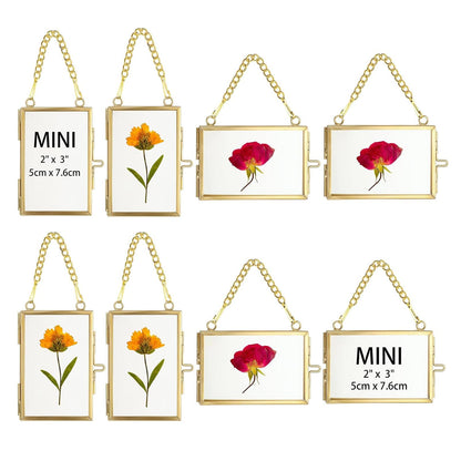 JUXYES 8 Pack Mini Brass Floating Frames Ornaments With Hanging Chain - Double Glass Tiny Picture Display Frame - Gold Wallet Size Floater Style Gallery Wall Frame for Pressed Flowers, 2x3 Inches
