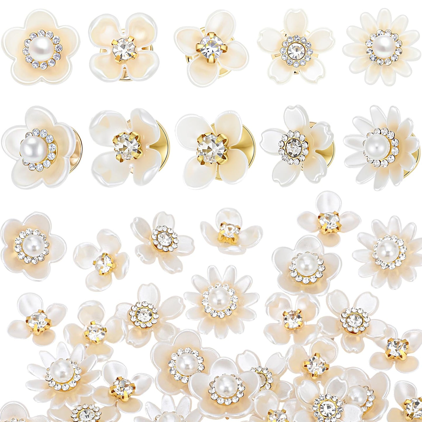 Trnayi 50 Pcs Flower Shape Pearl Rhinestone Brooch Embellishments Brooches and Pins for Women Lapel Pins No Sew Button Charms Accessories for Clothes Bags Wedding DIY Crafts, 5 Styles (Flower Style)
