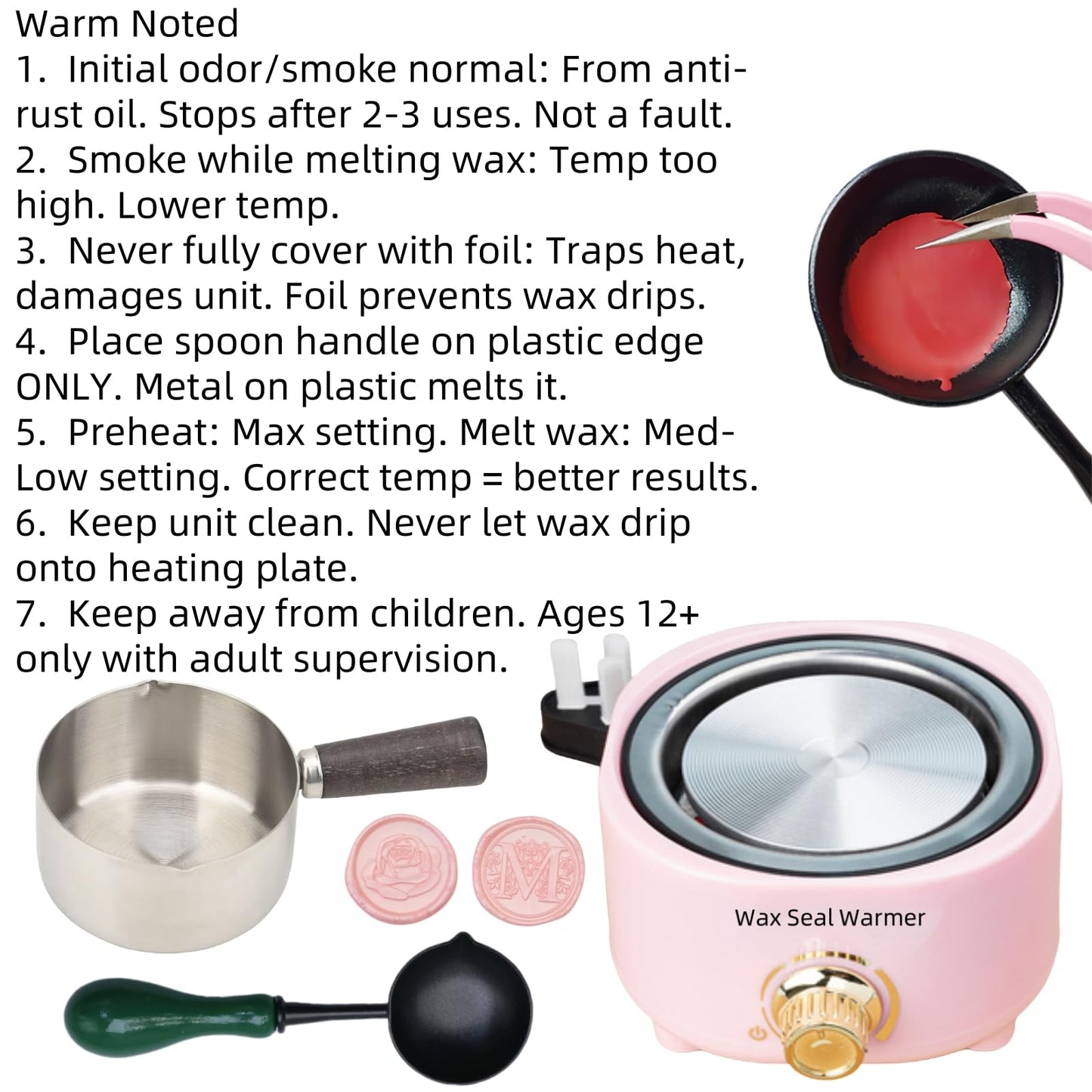Wax Seal Warmer Electric, Pink Sealing Wax Warmer Furnace Kit Includes 1Pcs 80ml Large Spoon and 1Pcs Non-Slip Spoon Sealings Stamp Melting Warmer Great Tool for Melt Waxs Seals Sticks Beads (Pink)