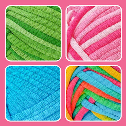FREEASYFAR 4x50g Beginner Crochet Yarn for Crocheting and Knitting; Beginner Easy Yarn kit with Tool Set (Rainbow+Strawberry+Lawngreen+Aqua, 4 Skein)