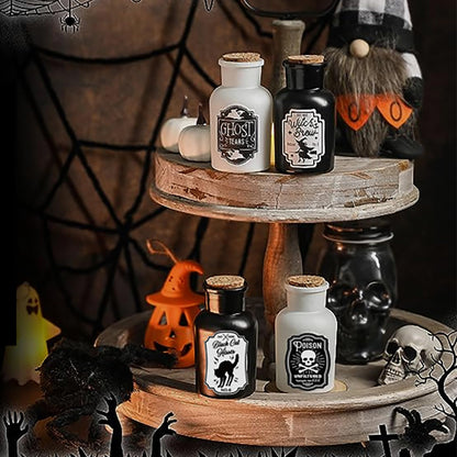 Sarybei Halloween Decorations for Home - Set of 4 Apothecary Potion Bottles with stickers - Scary Witch Poison Ghosts Black Cat Farmhouse Tiered Tray Decor For Home Table Party Supplies