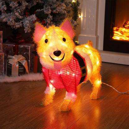 WATERGLIDE Christmas Outdoor Decoration Lighted Dog, 17 Inch Height Pre-Lit 3D Tinsel Cute Puppy Xmas Indoor Outside Holiday Decor with Clear Lights, Light Up & Plug in for Yard Garden Lawn Display