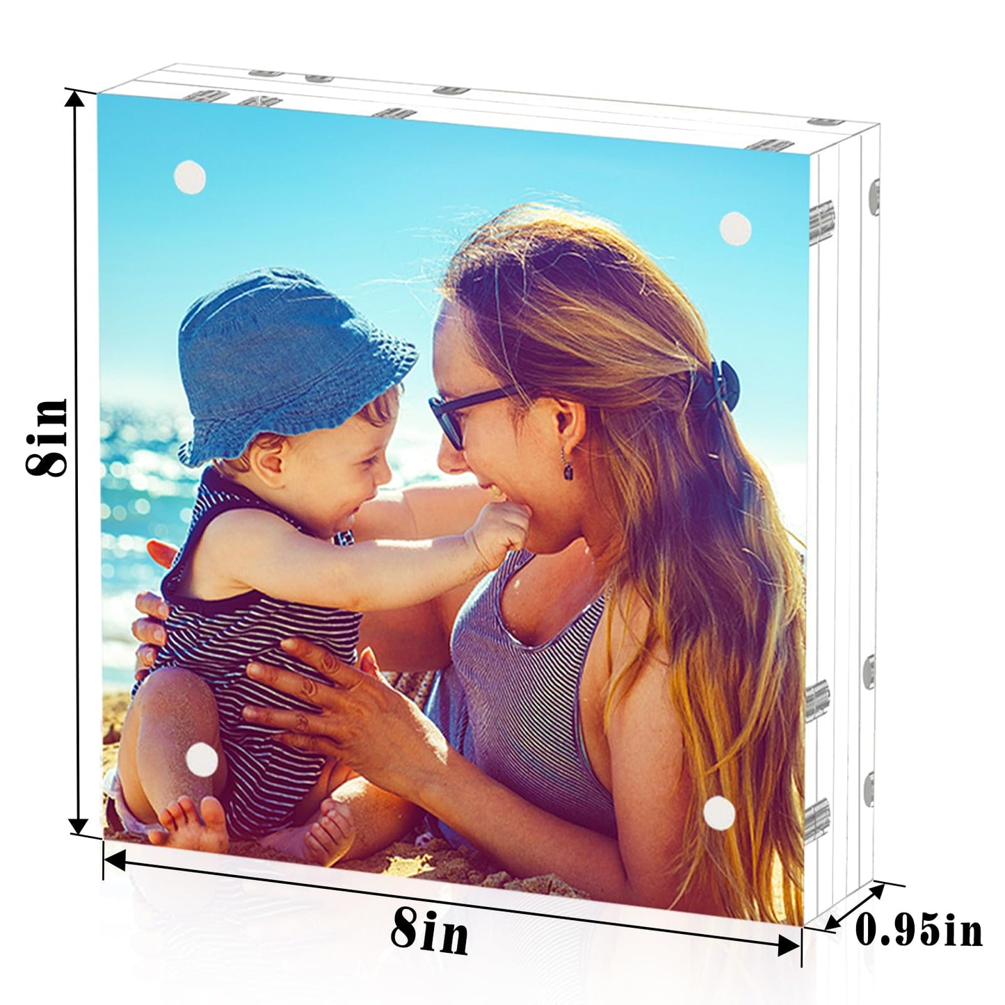 HELPLEX 2 Pack 8x8 Acrylic Picture Frames, 24mm Thicker Square Frameless Clear Frame Double Sided Magnetic Frame, Free Standing Desktop Display Stand Acrylic Frames