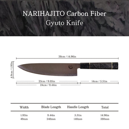 narihajito Carbon Fiber Gyuto Knife 240mm (9.5 inch) – 67 Layer Damascus, Carbon Fiber Resin Octagonal Handle
