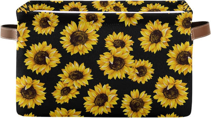 senya Large Foldable Storage Basket, Black Fabric Organizer Bag with Sunflowers and Handles 15 x 11 x 9.5 inch