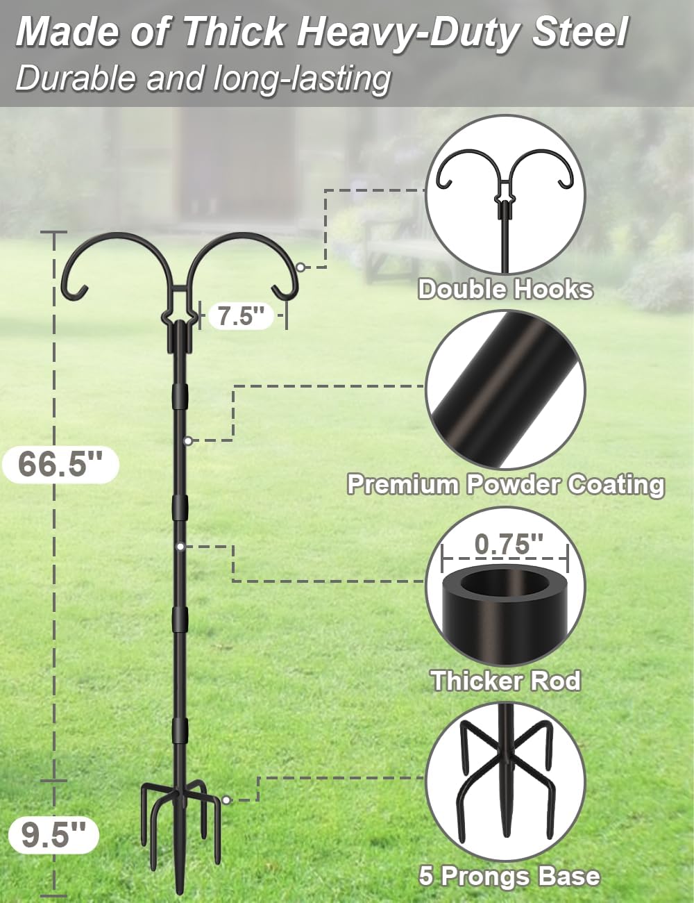 76 Inch 5 Hummingbird 2 Adjustable Double Shepherds Hooks for Outdoor with Sleeve, Heavy Duty Bird Feeder Pole Stand