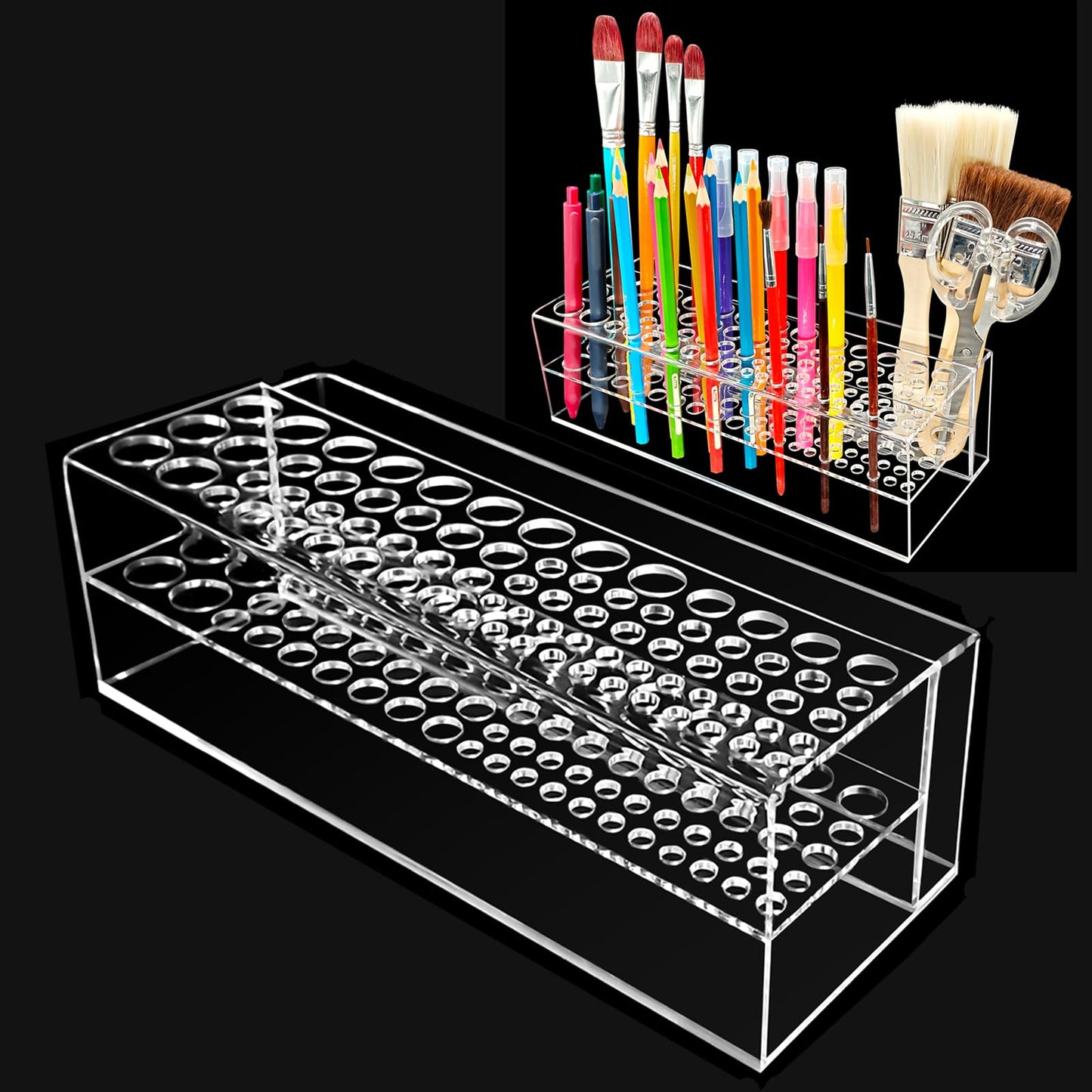 HESHUYU Acrylic Paint Brush Holder 77 Holes and Multi-functional Compartment Paintbrush Organizer Artist Brush Holder Paint Brush Stand Rack for Pens Pencils