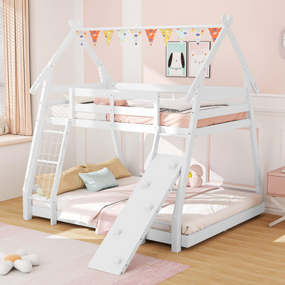 Giantex Twin Over Queen Bunk Bed, Wood House Bunk Bed for Kids with Climbing Nets and Ramp, Floor Queen Size Bunk Beds with Safety Guardrail, No Box Spring Needed, for Boys Girls Adults (White)