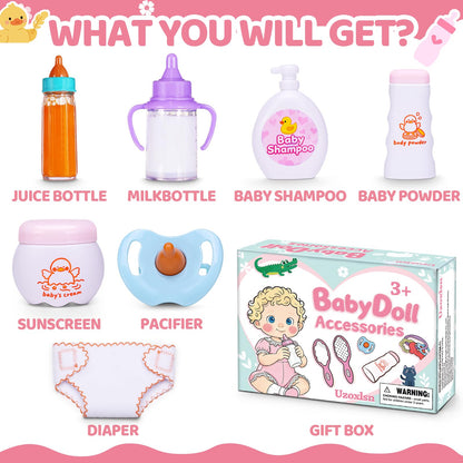 Baby Doll Accessories Set in Gift Box, 16 Pack Baby Doll Feeding Caring Kit with Pacifiers & Diaper Bag & Magic Bottles, Birthday / Christmas Party Goody Bag Stuffer, Toddler Kid Girl Pretend Play Toy