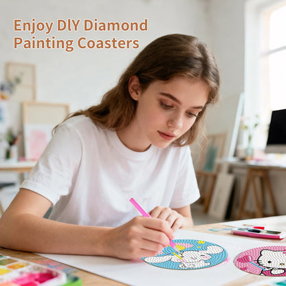 PERFECTSIGHT 8 Pcs DIY Diamond Art Painting Coasters with Holder, Cute Diamond Paint Coaster Kits for Adults, Kawaii Full Drill Diamond Art Craft Supplies, Paint by Number Non Slip Coaster, Sanlio