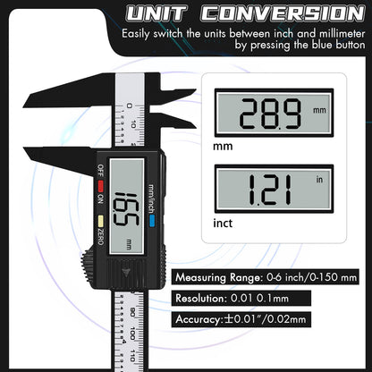 Simhevn Electronic Digital Calipers, inch and Millimeter Conversion,LCD Screen displays 0-6" Caliper Measuring Tool, Automatic Shutdown, Suitable for DIY/Jewelry Measurement (New150mm Black Plastic)