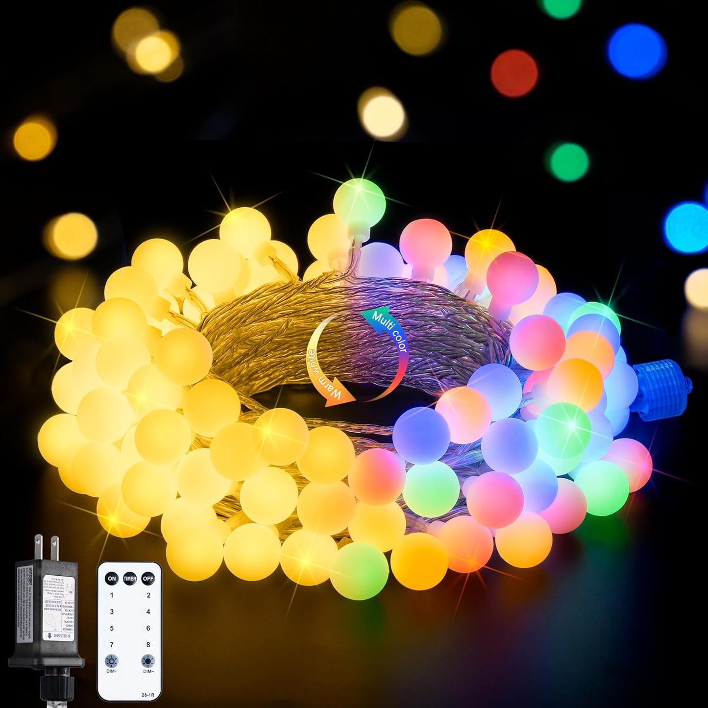 JMEXSUSS Globe String Lights Indoor, Color Changing Christmas Lights Plug in, Warm White & Multicolor String Light