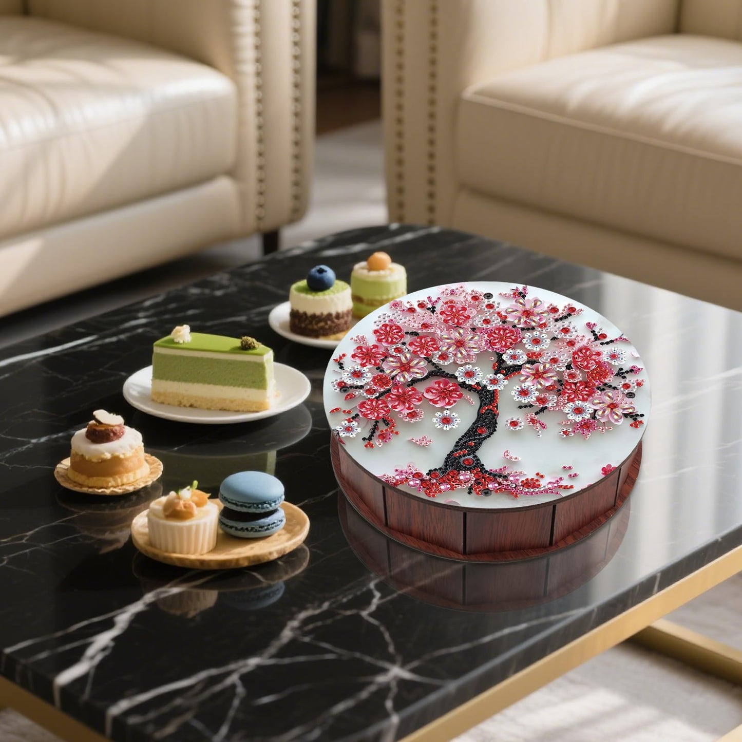 antor 5D Diamond Painting Snack Storage Box – Cherry Blossom Tree Design Round Wooden Container with Lid – Floral Elegant Crystal Rhinestone Art Craft Gift for Adults