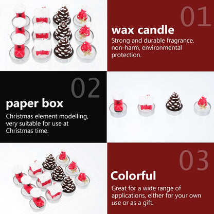 12 Pieces Tealight Candles Handmade Delicate Santa Hat Claus Christmas Tree Candle Wax Snowman Elk Pinecone House Candles for Party Wedding Spa HomeChristmas Decoration