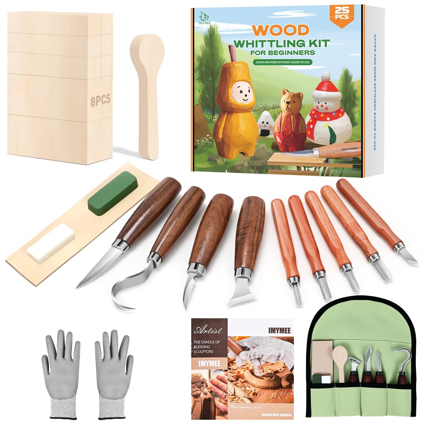 IMYMEE Wood Whittling Kit for Beginners-Complete Whittling Set with 4pcs Wood Carving Knives & 8pcs Basswood Wood Blocks-Perfect Wood Carving Kit Set-Includes Wood Carving Tools for Adults and Kids