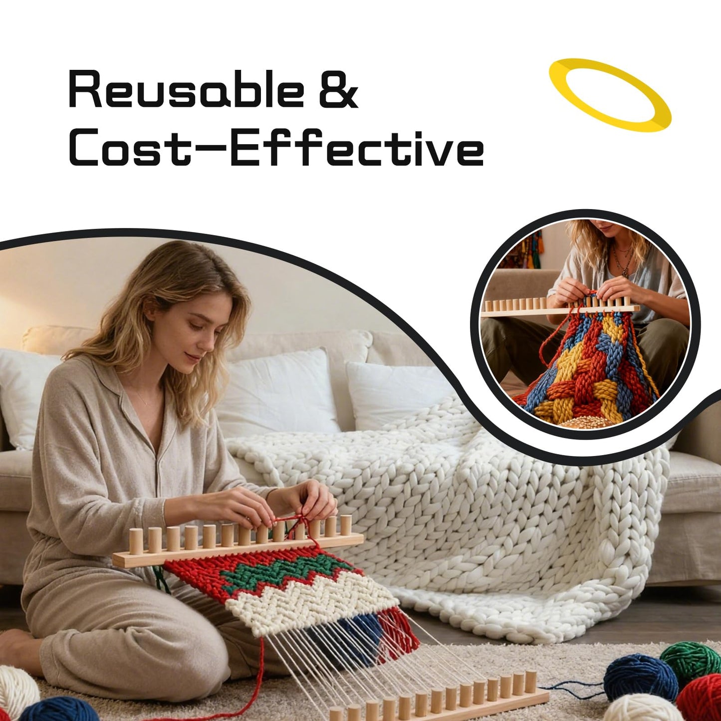 46-Inch Wooden Chunky Blanket Loom, Adjustable Hand Knitting Yarn Chunky Blanket Kit, Portable for DIY