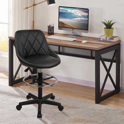 KLASIKA Drafting Chair with Backrest and Wheels, Adjustable Footrest Height Rolling Stool, PU Leather Tall Swivel Chairs Work Shop Office Desk Stools for Kitchen Home Bar, Black, 4 Pack