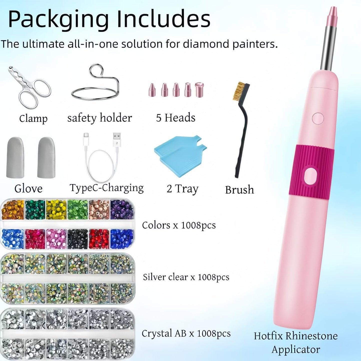 5 in 1 Cordless Hotfix Applicator Tool, 4000mAh Rhinestone Bedazzler Kit with Self-Suction, 3 Temp Settings, 5 Tips, Hot Fix Rhinestone Kit for Clothing Fabric DIY Crafts (PinK)