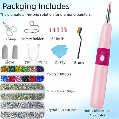 5 in 1 Cordless Hotfix Applicator Tool, 4000mAh Rhinestone Bedazzler Kit with Self-Suction, 3 Temp Settings, 5 Tips, Hot Fix Rhinestone Kit for Clothing Fabric DIY Crafts (PinK)