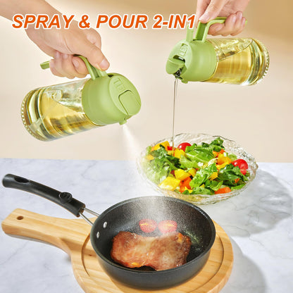 With Stickers 16oz Olive Oil Sprayer for Cooking - 2 in 1 Spray & Pour Olive Oil Dispenser - 470ml Glass Spray Oil Bottle - Kitchen Gadgets