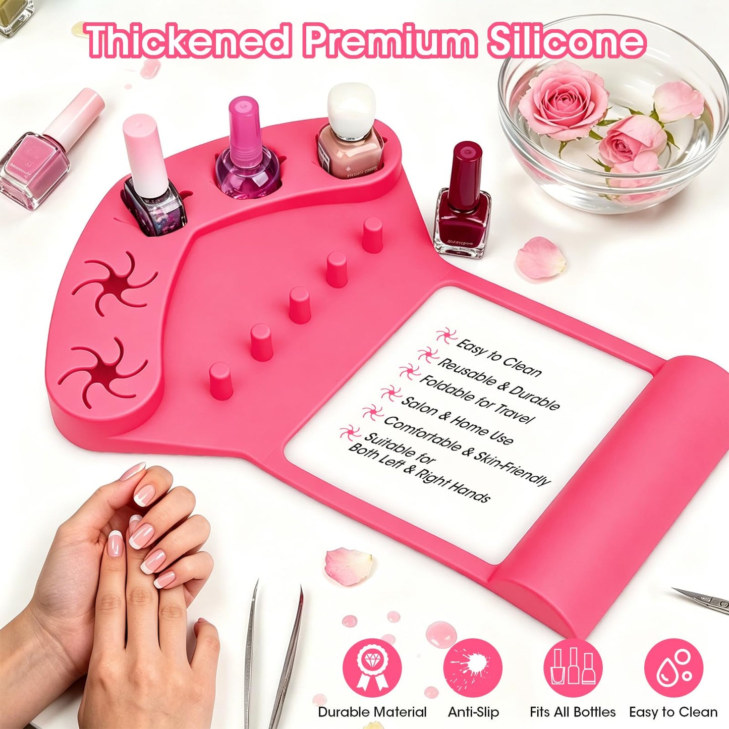 3-in-1 Silicone Nail Arm Rest & Nail Polish Holder for Manicure and Pedicure,Hand Rest Mat with Anti-Spill Bottle Stand & Finger Separators for Nail Art Tools,Fingernail Painting Accessories(Rose Red)