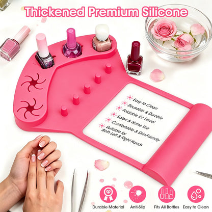 3-in-1 Silicone Nail Arm Rest & Nail Polish Holder for Manicure and Pedicure,Hand Rest Mat with Anti-Spill Bottle Stand & Finger Separators for Nail Art Tools,Fingernail Painting Accessories(Rose Red)