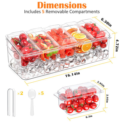 ARSTPEOE Condiment Tray, Chilled Condiment Server for Home, Party, Celebration, Bar Garnish Holder on Ice, Bar Accessories Fruit and Salad with Removable Trays and Lids (5 Spoons & 2 Tongs)