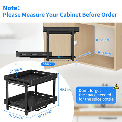 BOIVSHI Spice Organization for Cabinet, 2-Tier Cabinet Spice Rack, Height Adjustable Vertical Spice Rack Pull Out for Kitchen, Cabinet, Pantry (14.1''Wx10.8''Dx9.2''H, Metal Black)