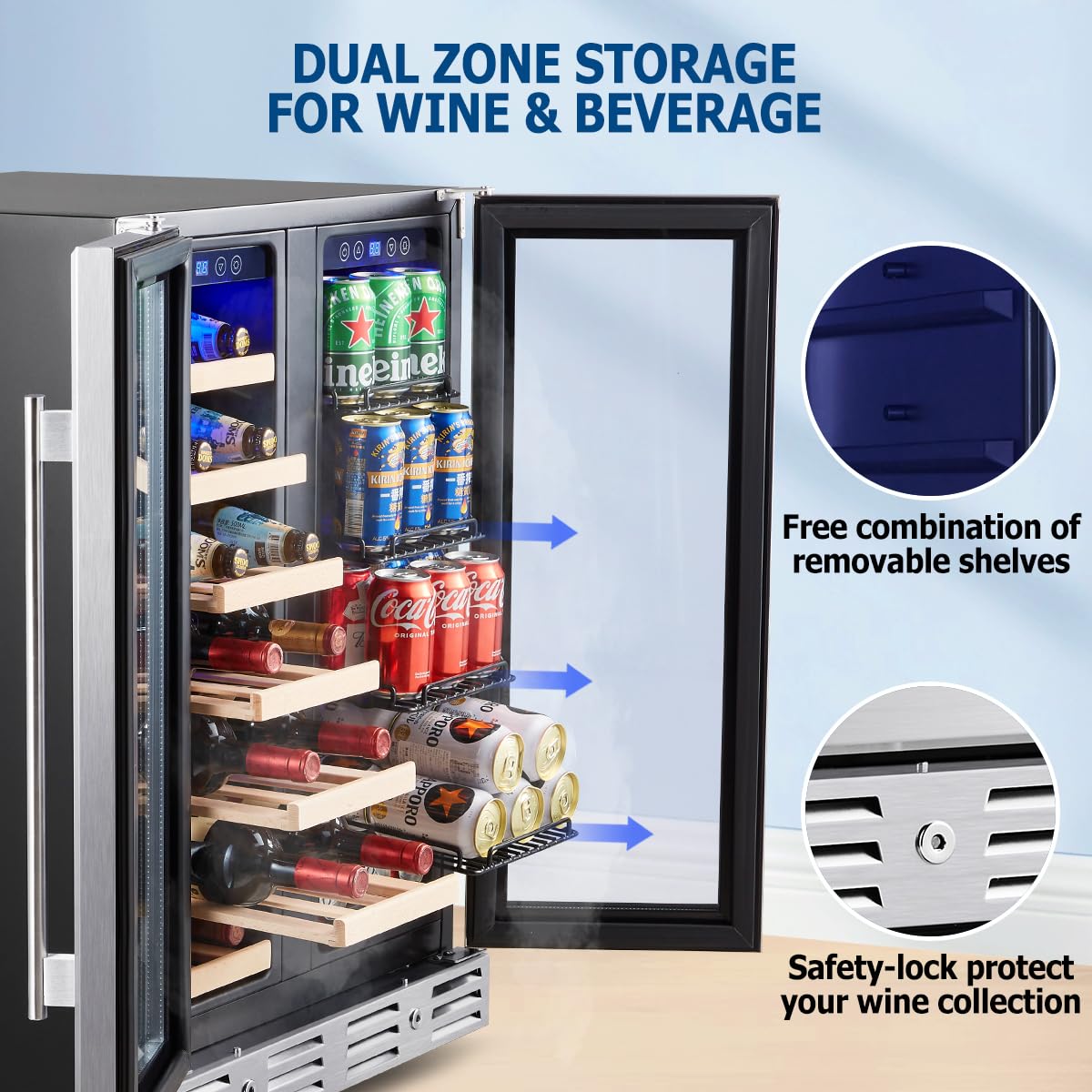 Kalamera Wine and Beverage Refrigerator, 24 inch Wine Fridge Dual Zone Hold 21 Bottles and 77 Cans,Built in or Under Counter Wine Fridge with Blue LED Light