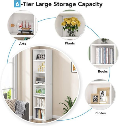 Little Tree 70.9-Inch Tall Narrow Bookcase - 6-Tier Corner Shelf Storage Organizer in White