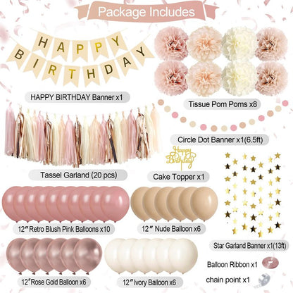 Iysoll Blush Beige Birthday Party Decorations Boho Happy Birthday Decorations Banner Retro Pink Nude Ivory Balloon Paper Pom Poms Tassel Garland Décor Supplies for Girls Women