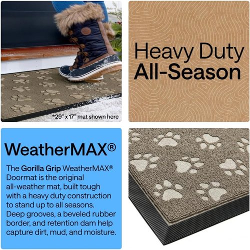 GORILLA GRIP Waterproof All-Season WeatherMAX Doormat - 35x23, Natural Rubber, Stain & Fade Resistant, Easy Clean, Tan Pawprints