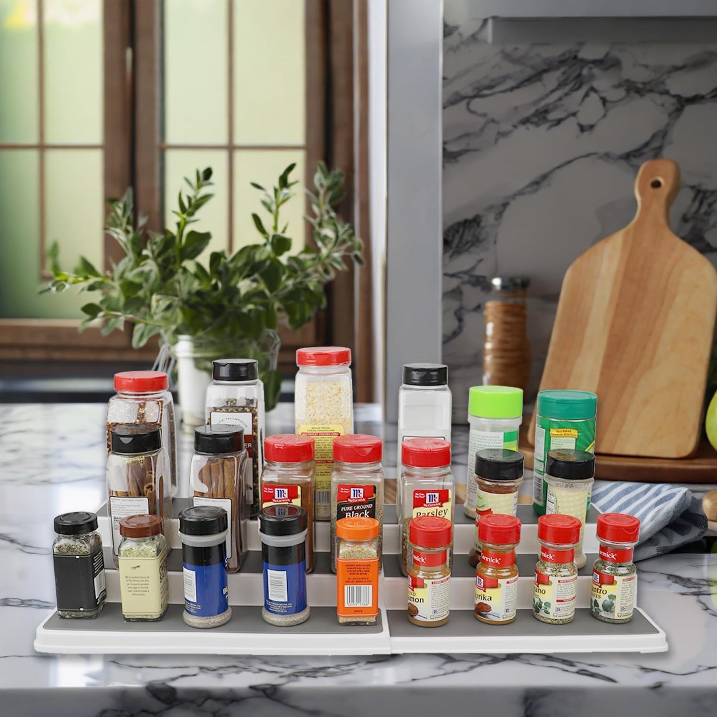 Home Basics 3-Tiered Plastic Expandable Spice Rack - Adjustable Length Kitchen Organizer for Cabinet, Pantry, or