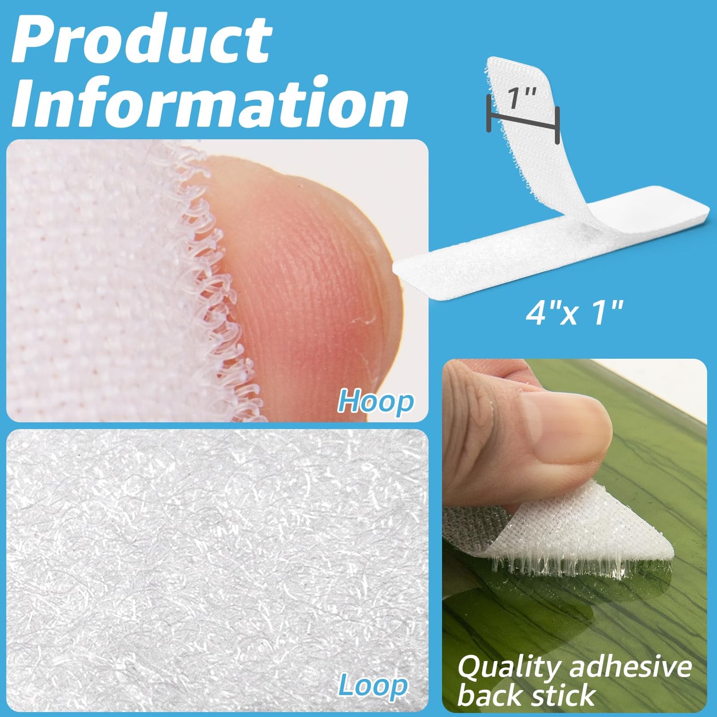 Art3d 40 Sets Hook and Loop Tape Sticky Back,1 in. x 4 in. Double-Sided Command Adhesive Strip Heavy Duty, White