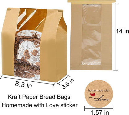 AZCJCZA 100 Pack 14" 8.3" 3.5" Packaging 100Pcs Paper Bread Bags for Homemade Bread Sourdough Bread Bags Large Kraft