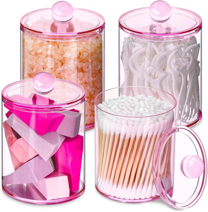 XIPENGKEJI Qtip Holder Set - 4 Pack Apothecary Jars with Lids for Cotton Swabs & Pads | 10oz-12oz Pink