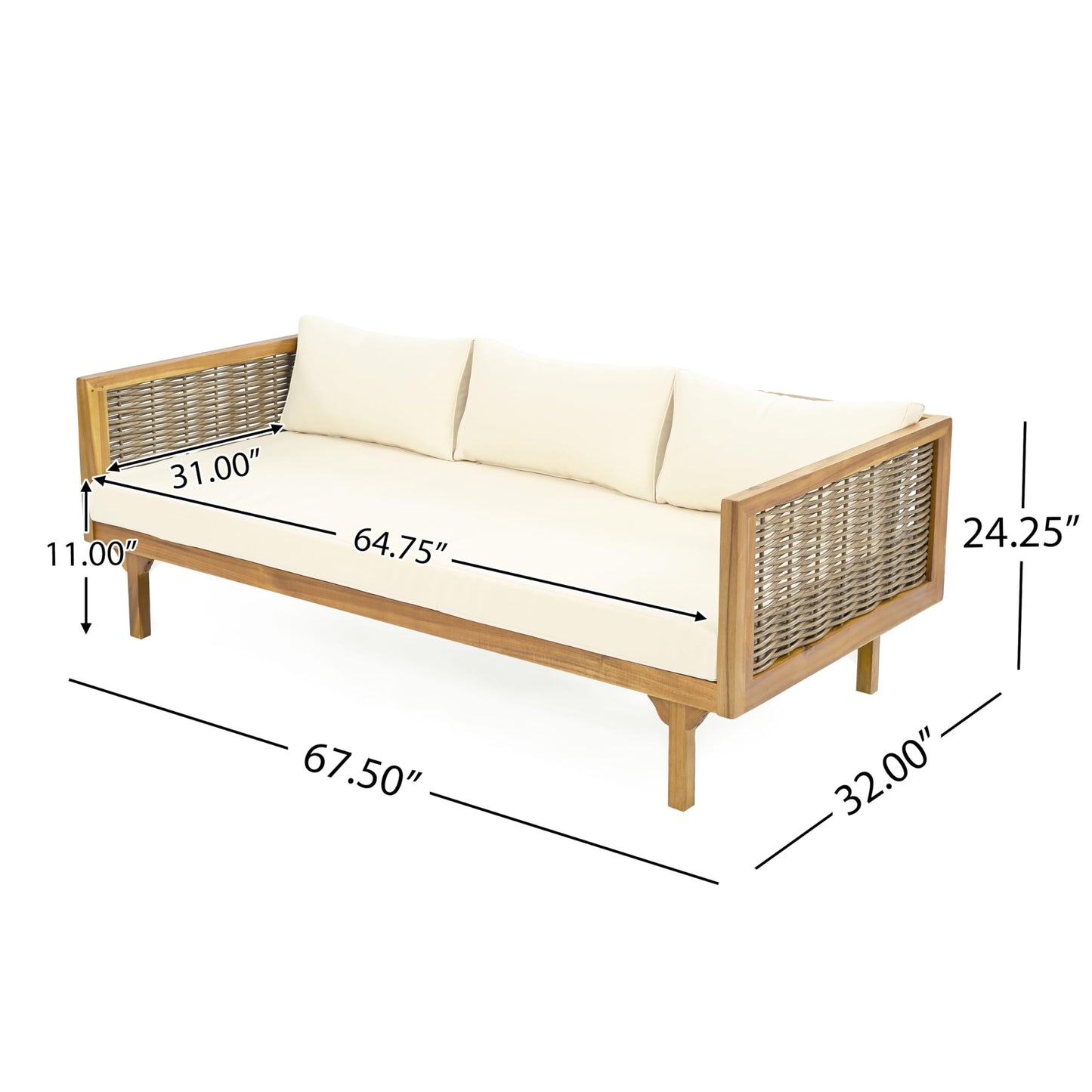 Christopher Knight Home Outdoor 3 Seater Acacia Wood Daybed with Fabric Water Resistant and Removable Cushions, Patio Garden Poolside Sofa with Wicker Armrest and Slat Paneling Back, Teak and Beige